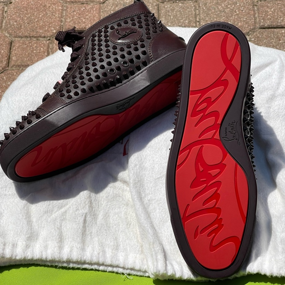 Christian Louboutin Men’s Leather Burgundy Louis Spikes Flat Sneakers 42IT - Picture 7 of 8
